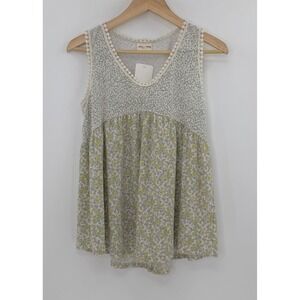 NWT Lovely Melody Sage Floral Babydoll Tank‎ Top Pom Pom Trim Sz Sm, Preppy Boho